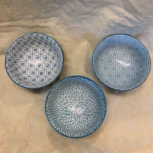 Emika Ceramic Bowl Set Unisex OS Blue Excellent Geometric Floral Pattern 3pc